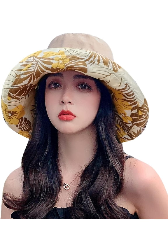 Women Summer Sun Hat Wide Brim Wired Edge Floral Beach Bucket Hats Reversible Foldable Travel UV Protection Lady Hat