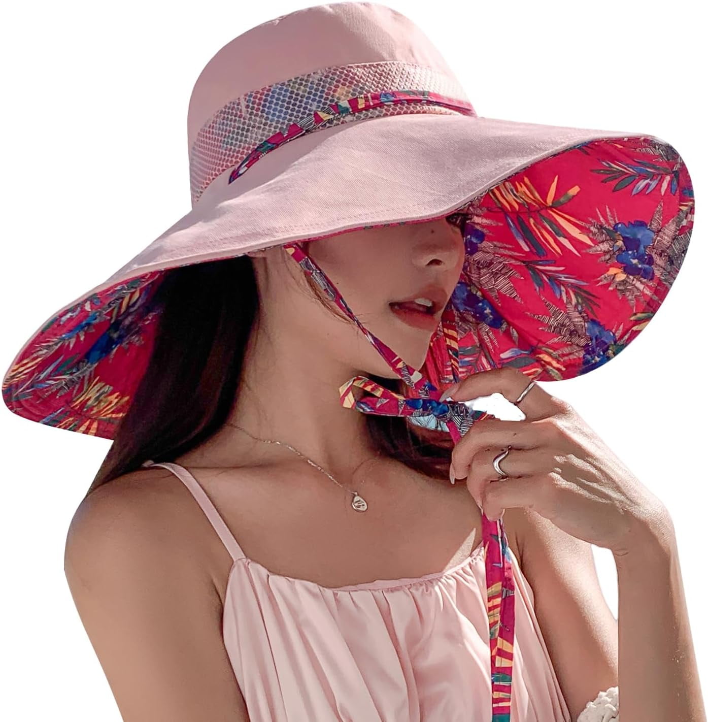 Wide Brim Sun Hat with Wired Edge, Reversible Foldable UPF 50+