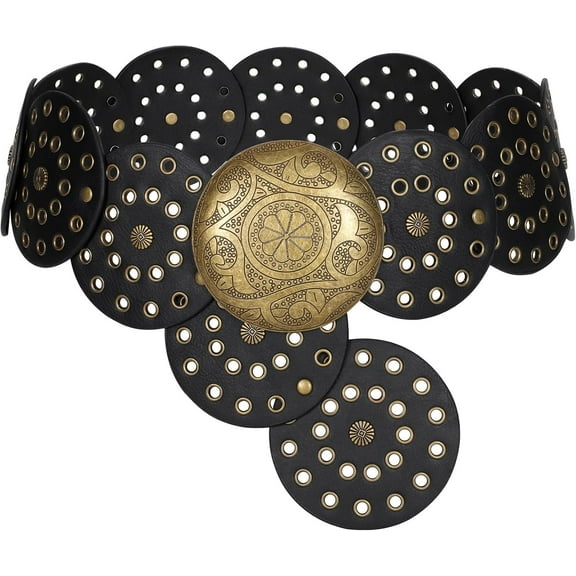 Zhengup Women Western Leather Belt Boho Dics Conch Waist Belt for Dress Jeans