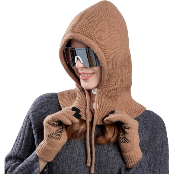 Zhengup Women Winter Beanie Hat Balaclava Knit Skull Cap Neck Gaiters Hooded Scarf Hats Gloves Set