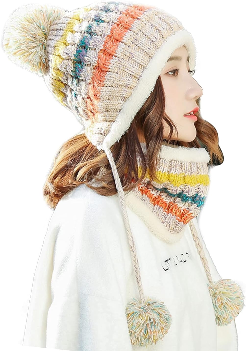 Zhengup Women Winter Beanie Hat Circle Scarf Set Pompoms Peruvian Ski Snow Ear Flaps Sherpa Knit Hats Fleece Lined,S to M Size Head