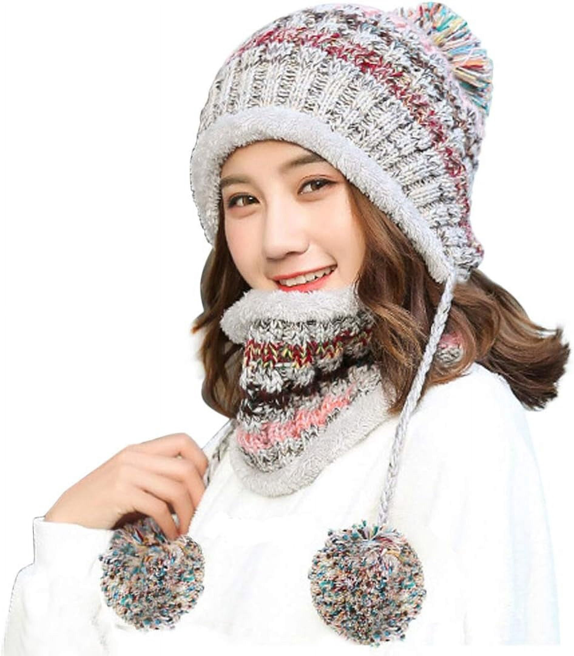 Zhengup Women Winter Beanie Hat Circle Scarf Set Pompoms Peruvian Ski Snow Ear Flaps Sherpa Knit Hats Fleece Lined,S to M Size Head
