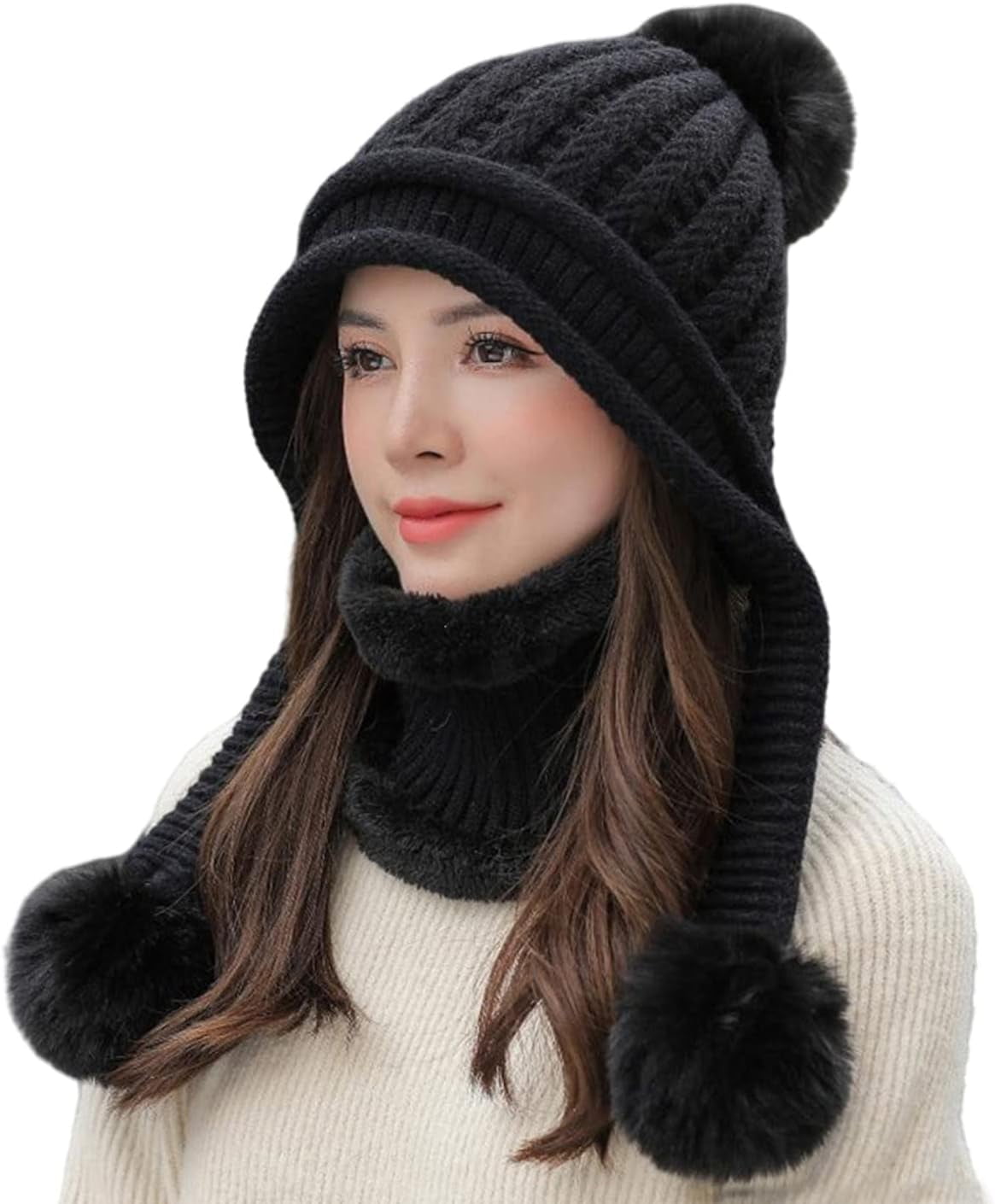 Zhengup Women Winter Beanie Hat Circle Scarf Set Pompoms Peruvian Ski Snow Ear Flaps Sherpa Knit Hats Fleece Lined,S to M Size Head