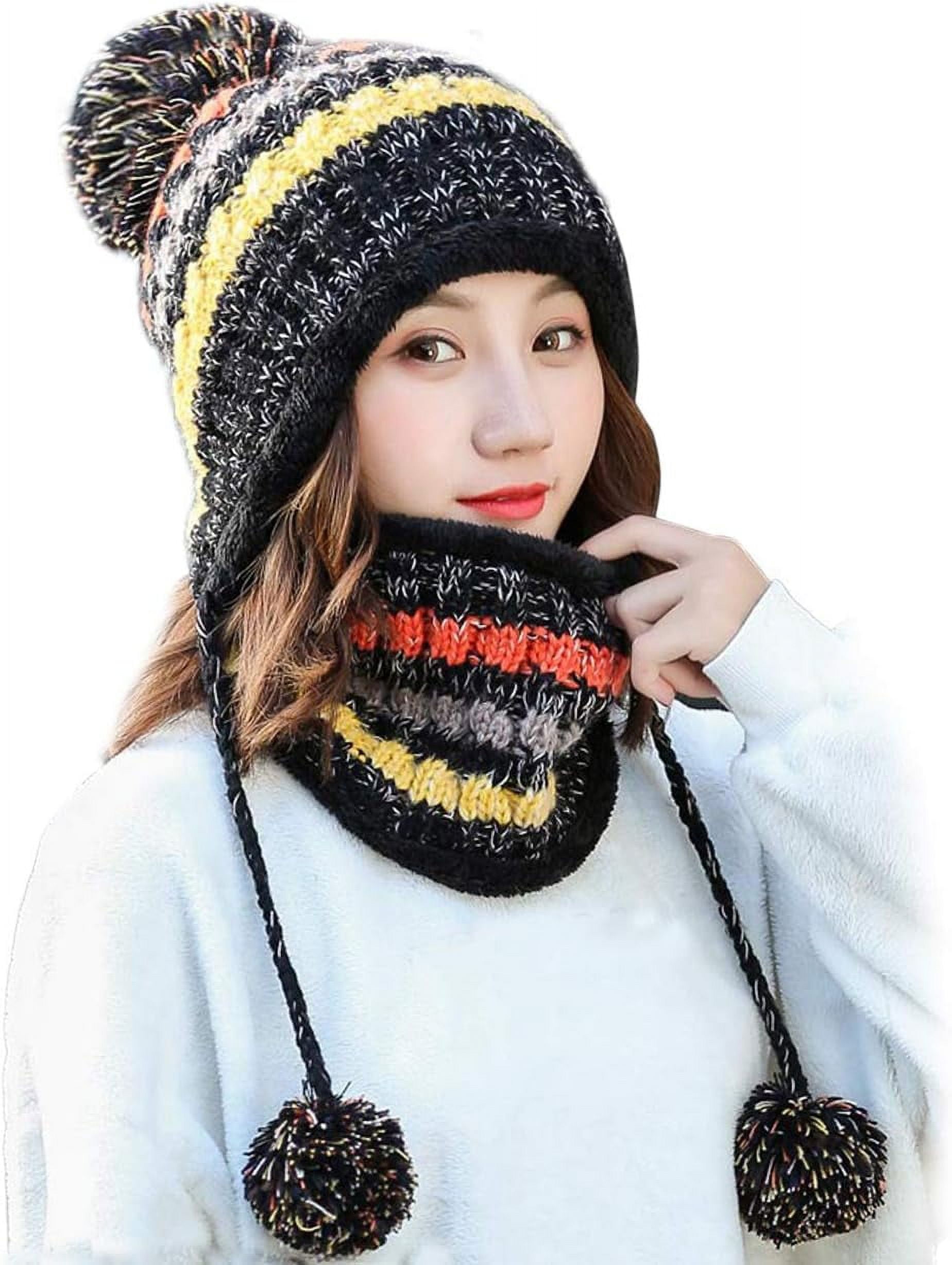 Zhengup Women Winter Beanie Hat Circle Scarf Set Pompoms Peruvian Ski Snow Ear Flaps Sherpa Knit Hats Fleece Lined,S to M Size Head
