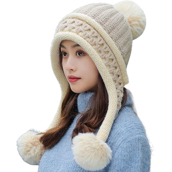 Zhengup Women Winter Beanie Hat Earflap Peruvian Warm Slouchy Fleece Lined 3 Pom Poms Knit Sherpa Fluffy Soft Ski Hats