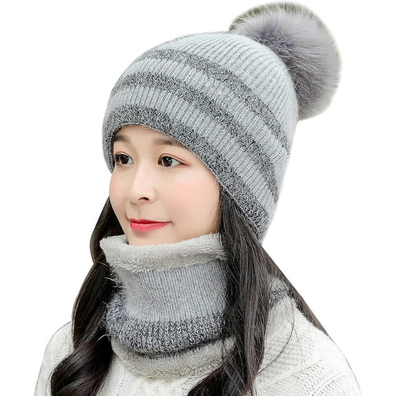 Zhengup Women Winter Beanie Hat with Face Shield Peruvian Circle Scarf Set Sherpa Ski Ear Flaps Hats Fleece Lined Pompoms