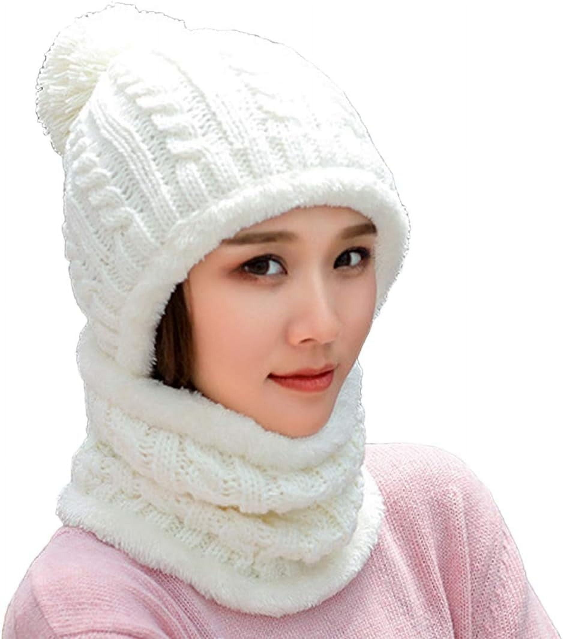 Zhengup Women Winter Beanie Hats One Piece Fleece Lined Knit Balaclavas Mask Set Skull Neck Circle Scarf Ski Snow Hat Pompom