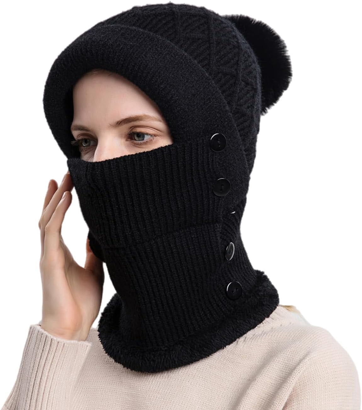 Zhengup Women Winter Beanie Hats One Piece Fleece Lined Knit Balaclavas Mask Set Skull Neck Circle Scarf Ski Snow Hat Pompom