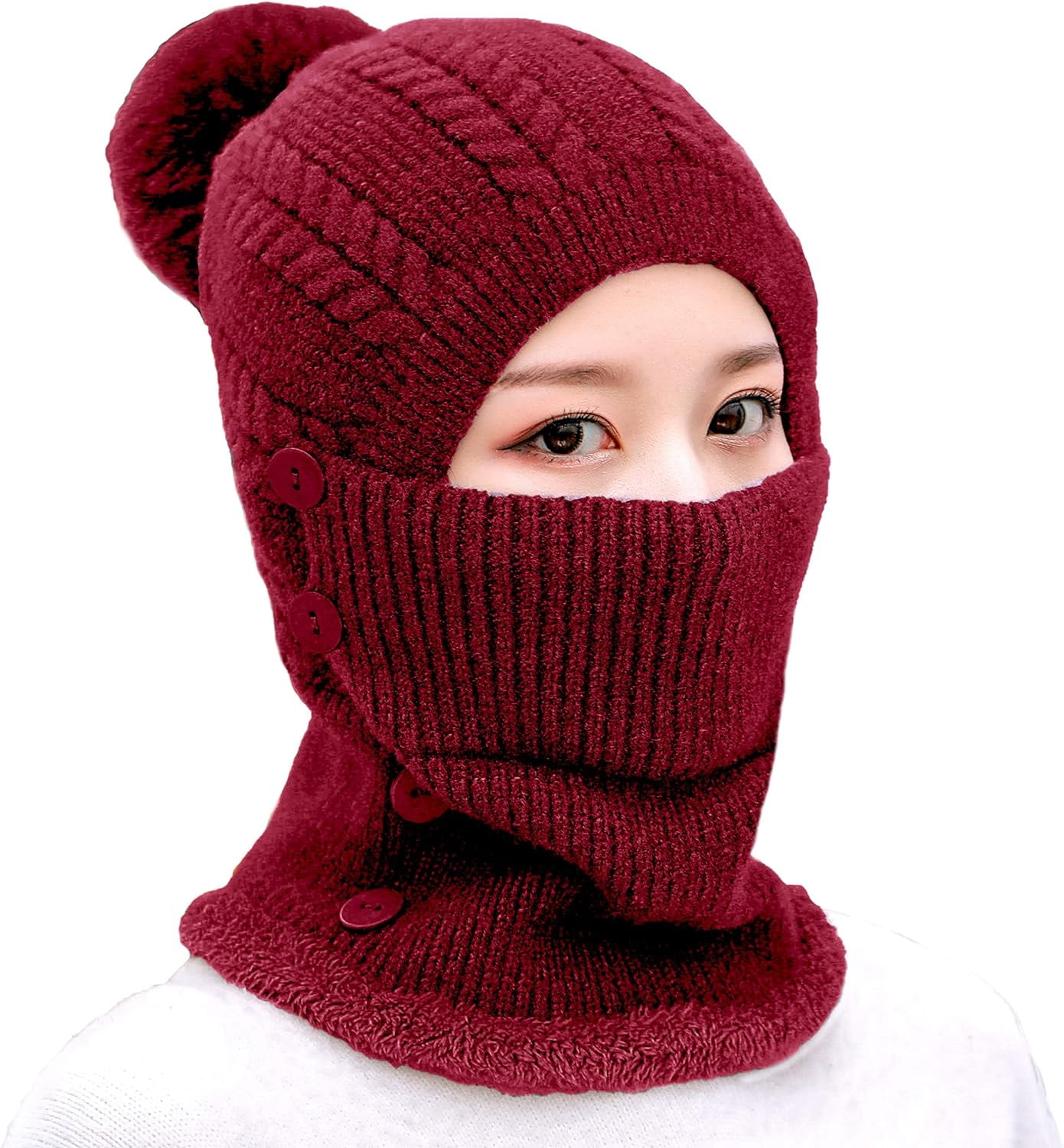 Zhengup Women Winter Beanie Hats One Piece Fleece Lined Knit Balaclavas Mask Set Skull Neck Circle Scarf Ski Snow Hat Pompom