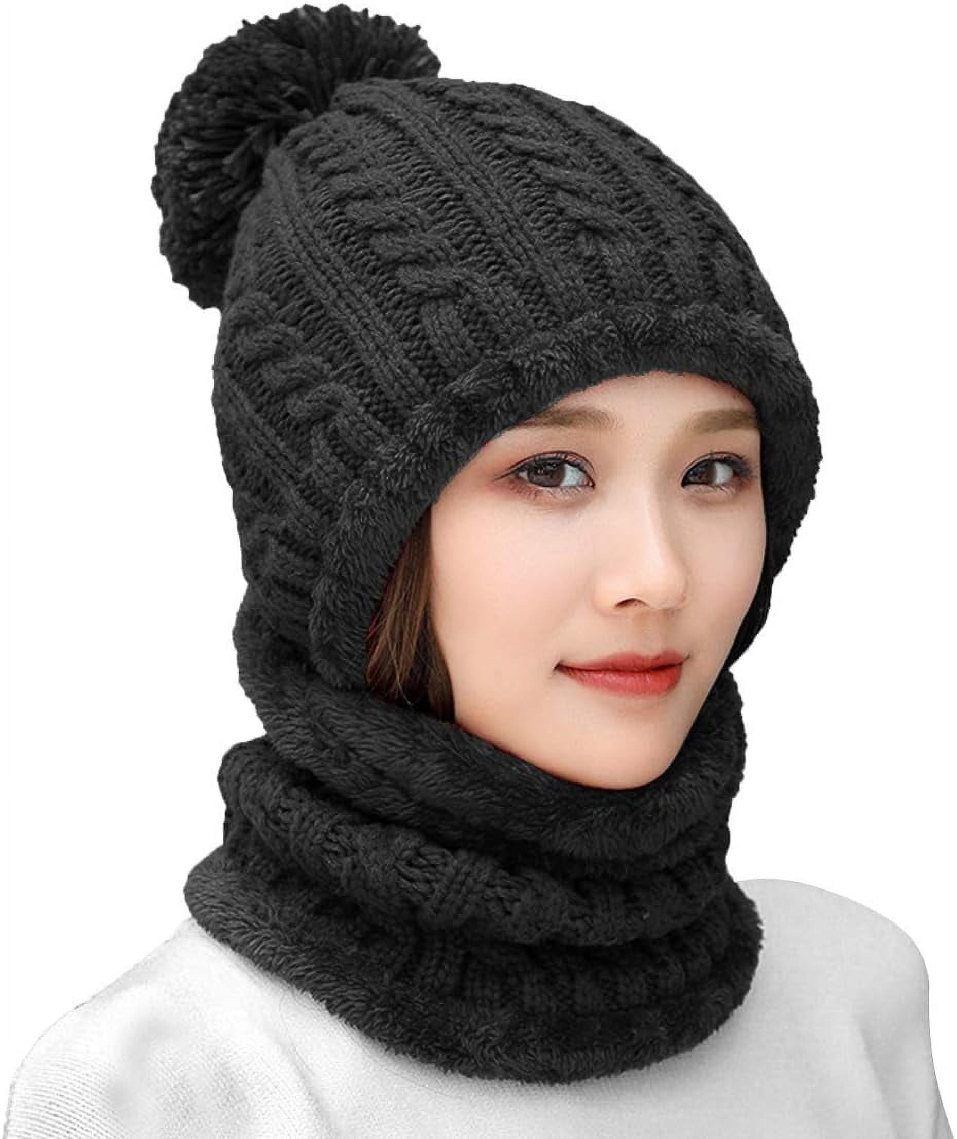 Zhengup Women Winter Beanie Hats One Piece Fleece Lined Knit Balaclavas Mask Set Skull Neck Circle Scarf Ski Snow Hat Pompom