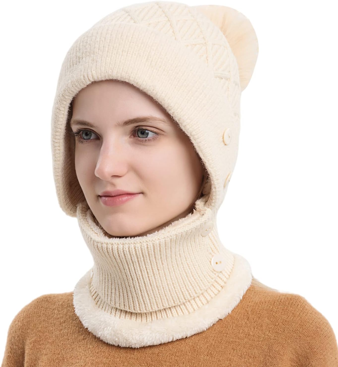 Zhengup Women Winter Beanie Hats One Piece Fleece Lined Knit Balaclavas Mask Set Skull Neck Circle Scarf Ski Snow Hat Pompom