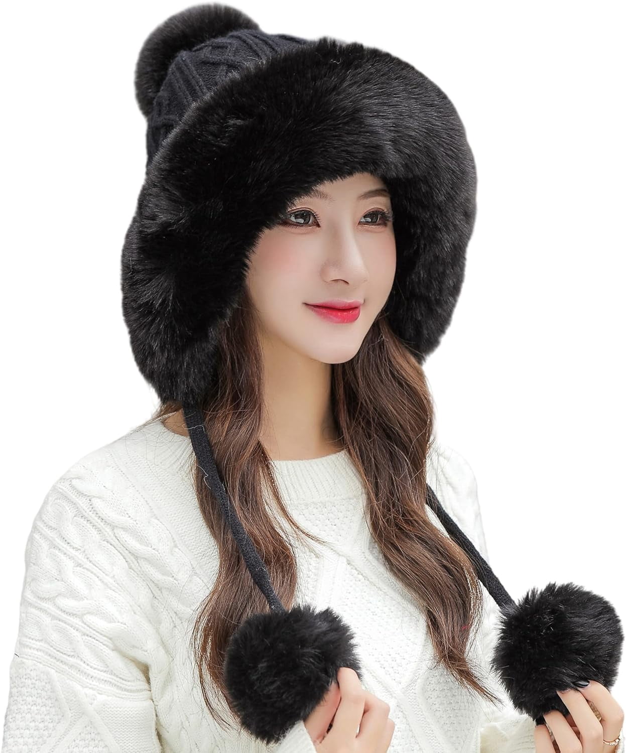 Zhengup Women Winter Peruvian Cover Ears Beanie Hat Ear Flaps Sherpa Ski Snow Hats Knit Fleece Lined 3 Pom Pom