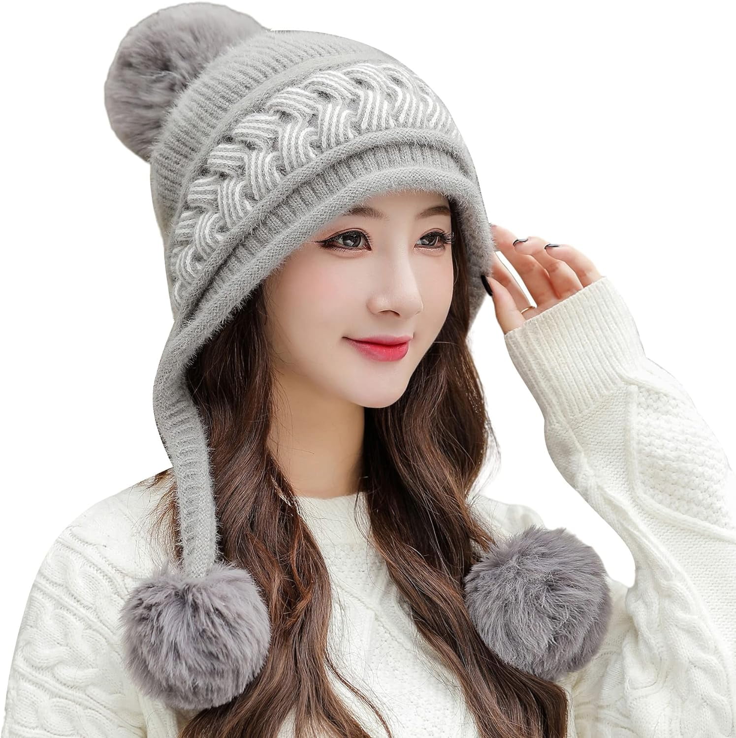 Zhengup Women Winter Peruvian Cover Ears Beanie Hat Ear Flaps Sherpa Ski Snow Hats Knit Fleece Lined 3 Pom Pom