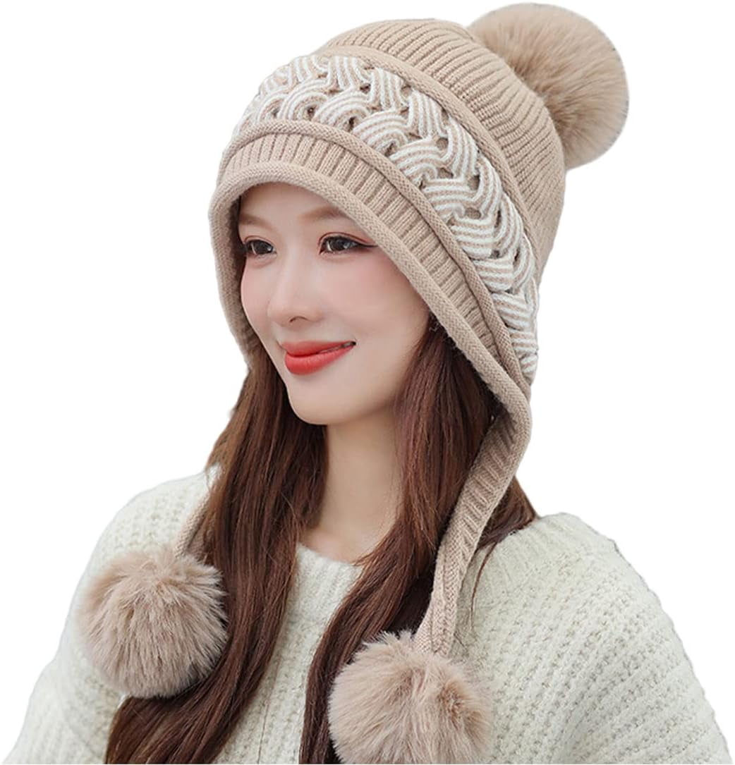 Zhengup Women Winter Peruvian Cover Ears Beanie Hat Ear Flaps Sherpa Ski Snow Hats Knit Fleece Lined 3 Pom Pom