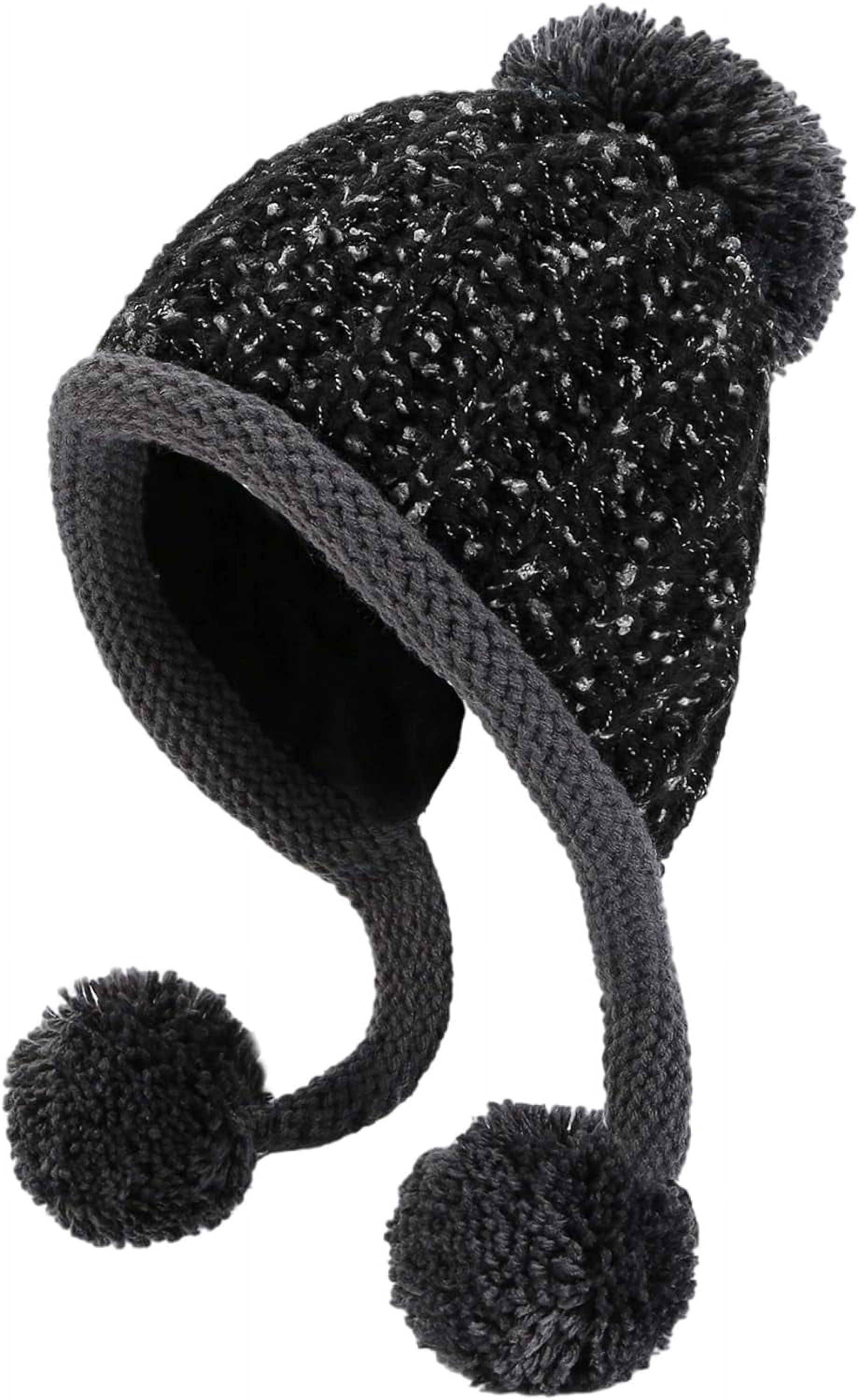 Zhengup Women Winter Peruvian Cover Ears Beanie Hat Ear Flaps Sherpa Ski Snow Hats Knit Fleece Lined 3 Pom Pom