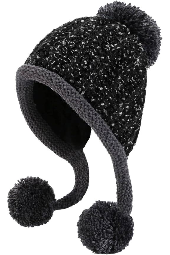 Women Winter Peruvian Cover Ears Beanie Hat Ear Flaps Sherpa Ski Snow Hats Knit Fleece Lined 3 Pom Pom