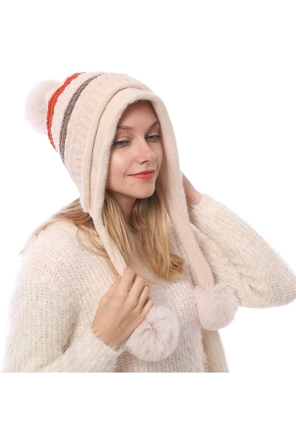 Women Winter Peruvian Cover Ears Beanie Hat Ear Flaps Sherpa Ski Snow Hats Knit Fleece Lined 3 Pom Pom