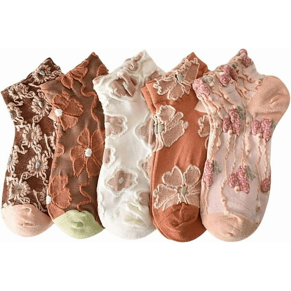 Zhengup Women's 5 Pair Cute Floral Crew Socks Textured Ankle Socks Orange 36-39