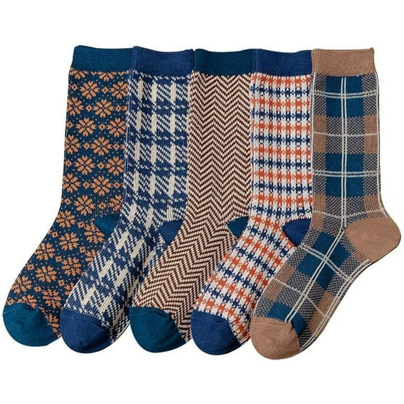 Zhengup Women's 5 Pairs Aesthetic Socking Coquette Retro Cotton Socks Vintage Harajuku Crew Socks Plaid Warm Ankle Socks