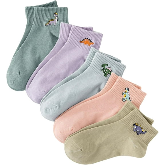 Zhengup Women's 5 Pairs Cartoon Embroidered Ribbed Cute Crew Socks