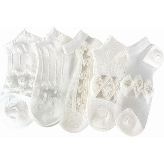 Zhengup Women's 5 Pairs Contrast Lace Crew Socks Sheer Mesh Summer Socks
