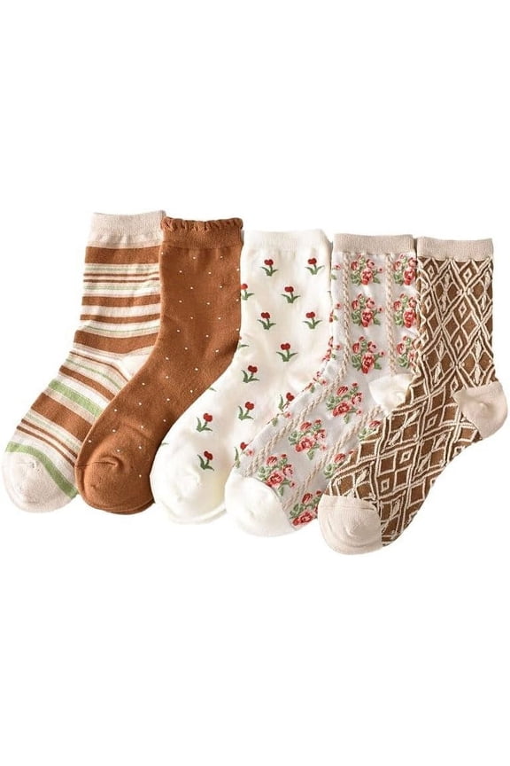 Women's 5 Pairs Preppy Ruffle Frilly Knit Crew Socks Cottagecore Casual Ankle Socks Coquette Kawaii Floral Socks