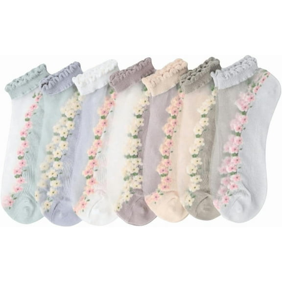 Zhengup Women's 7 Pairs Floral Ruffle Mesh Socks Transparent Ankle Socks