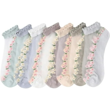 Zhengup Women's 7 Pairs Floral Ruffle Mesh Socks Transparent Ankle Socks