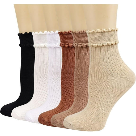 Zhengup Women's Ankle Socks, Breathable Cotton Crew Frilly Socks with Cute Scalloped Edges 6 Pairs