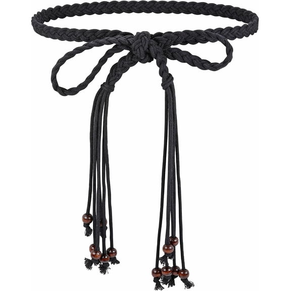 Zhengup Women's Braided Rope Belt Boho Handwoven tie Waist Belt for Dresses Fringe Waistband with Beads