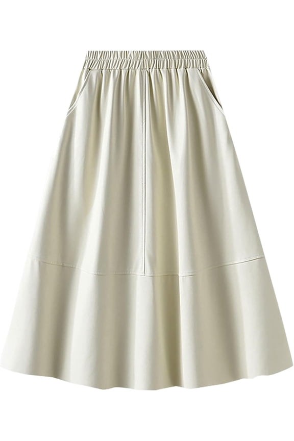 Women's Casual Midi Skirt A-line High Waist Skirt PU Leather Flared Skatter Skirt