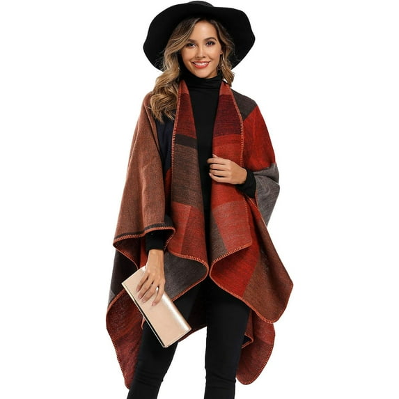 Zhengup Women's Color Block Shawl Wrap Plus Size Cardigan Poncho Cape Open Front Long Winter Sweater Coat
