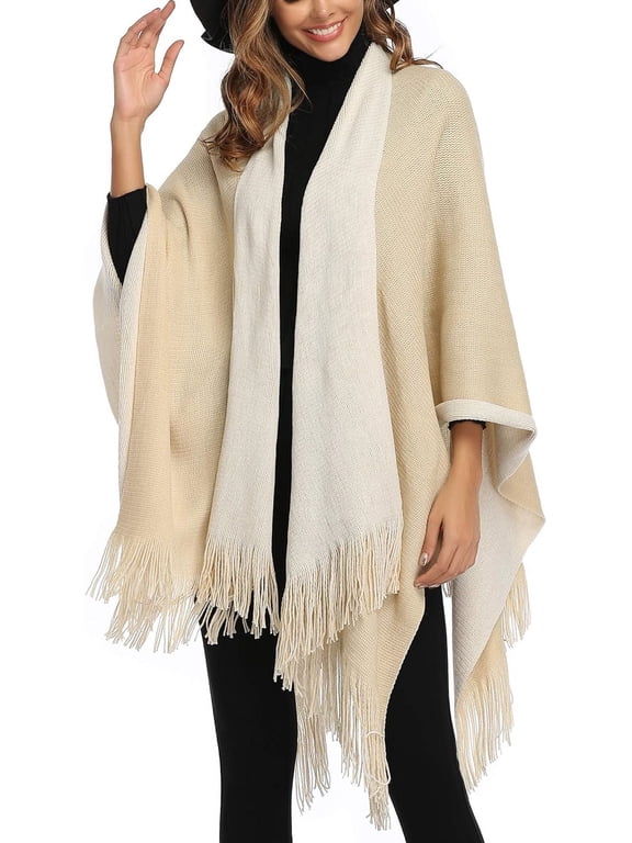 Women's Color Block Shawl Wrap Plus Size Cardigan Poncho Cape Open Front Long Winter Sweater Coat