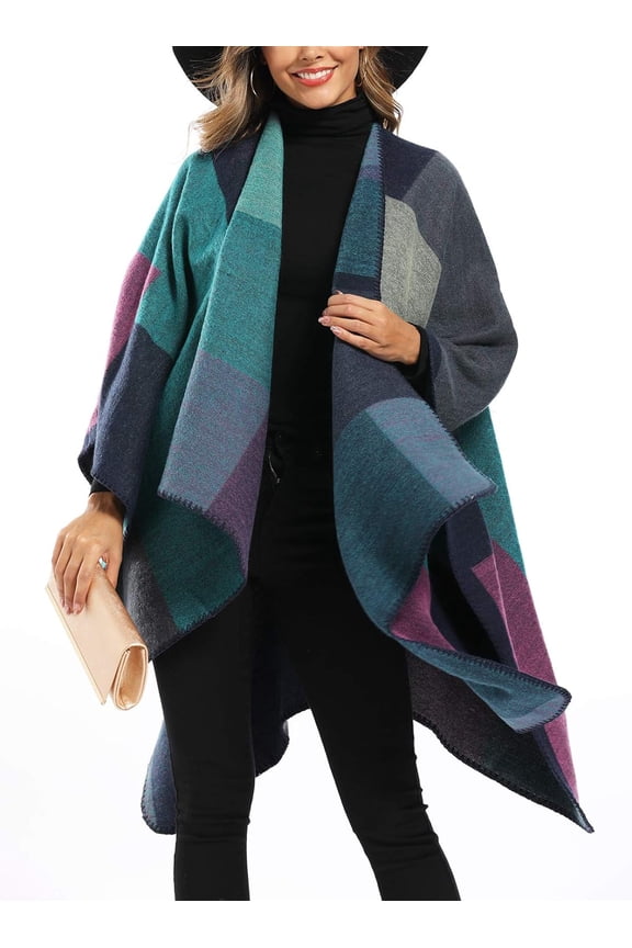 Women's Color Block Shawl Wrap Plus Size Cardigan Poncho Cape Open Front Long Winter Sweater Coat