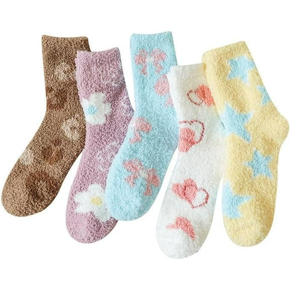 Zhengup Women's Cottagecore 5 Pairs Fuzzy Socks Y2k Aesthetics Floral Cozy Home Socks Stars Pattern Winter Plush Socks