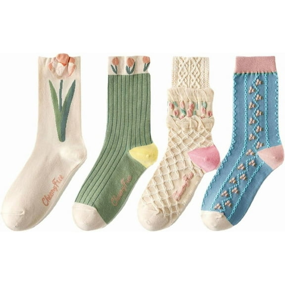Zhengup Women's Cottagecore Flora Socks 4PCS Harajuku Alt Ankle Socks Fairycore Soft Comfy Socking Kawaii Cozy Home Socks