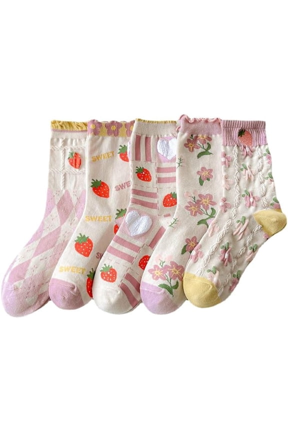Women's Cottagecore Flower Socks 5Pairs Kawaii Preppy Crew Socks Cute Lace Ankle Socking Coquette Casual Socks
