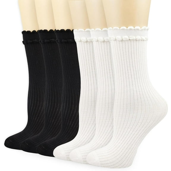 Zhengup Women's Crew Socks, Breathable Thin Cotton Cute Scalloped Edges Frilly Ankle Socks for Women 6 Pairs
