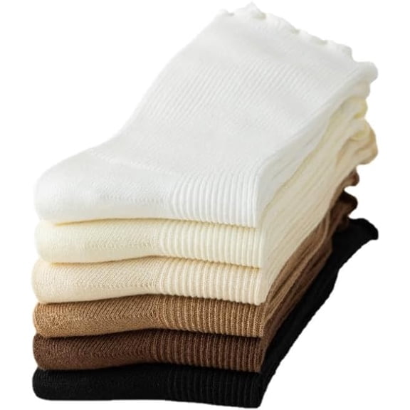 Zhengup Women's Cute Ruffle Frilly Socks 6 Pairs Harajuku Thin Cotton Knit Crew Socks Preppy Ribbed Slouch Loafer Socks