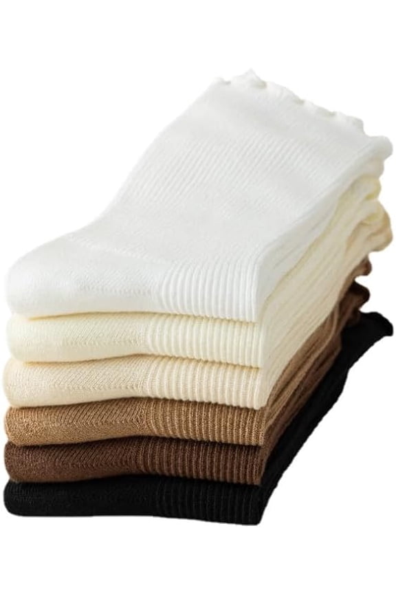 Women's Cute Ruffle Frilly Socks 6 Pairs Harajuku Thin Cotton Knit Crew Socks Preppy Ribbed Slouch Loafer Socks