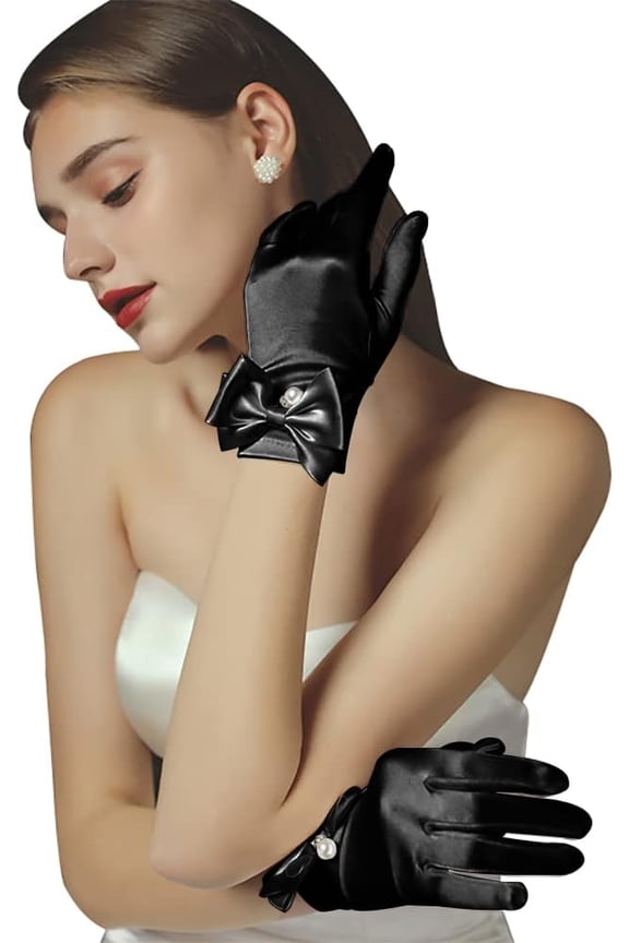 Women's Fancy Wrist Length Satin Gloves Bow Pearl Short Satin Opera Tea Party Gloves