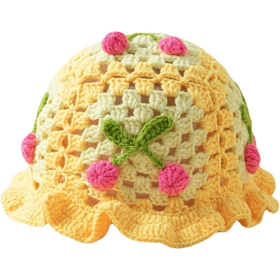 Zhengup Women's Floral Applique Crochet Bucket Hats Knit Caps