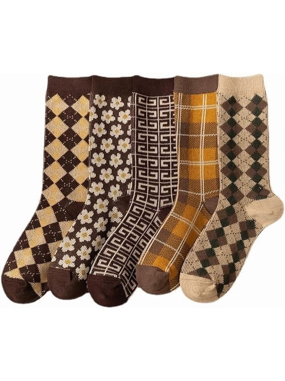 Women's Flower Argyle Cotton Socks 5 Pairs Coquettish Preppy Ankle Socks Fairycore Crew Socks Plaid Cozy Socking