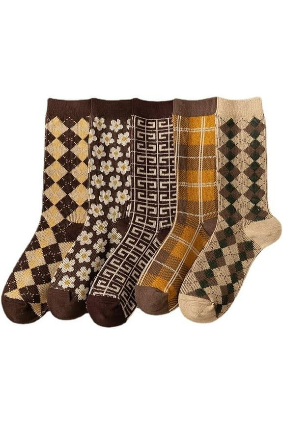 Women's Flower Argyle Cotton Socks 5 Pairs Coquettish Preppy Ankle Socks Fairycore Crew Socks Plaid Cozy Socking