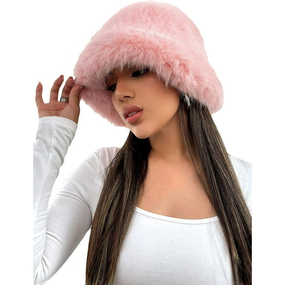 Zhengup Women's Fluffy Bucket Hat Fuzzy Warm Hat Fishing Cap Winter Hat
