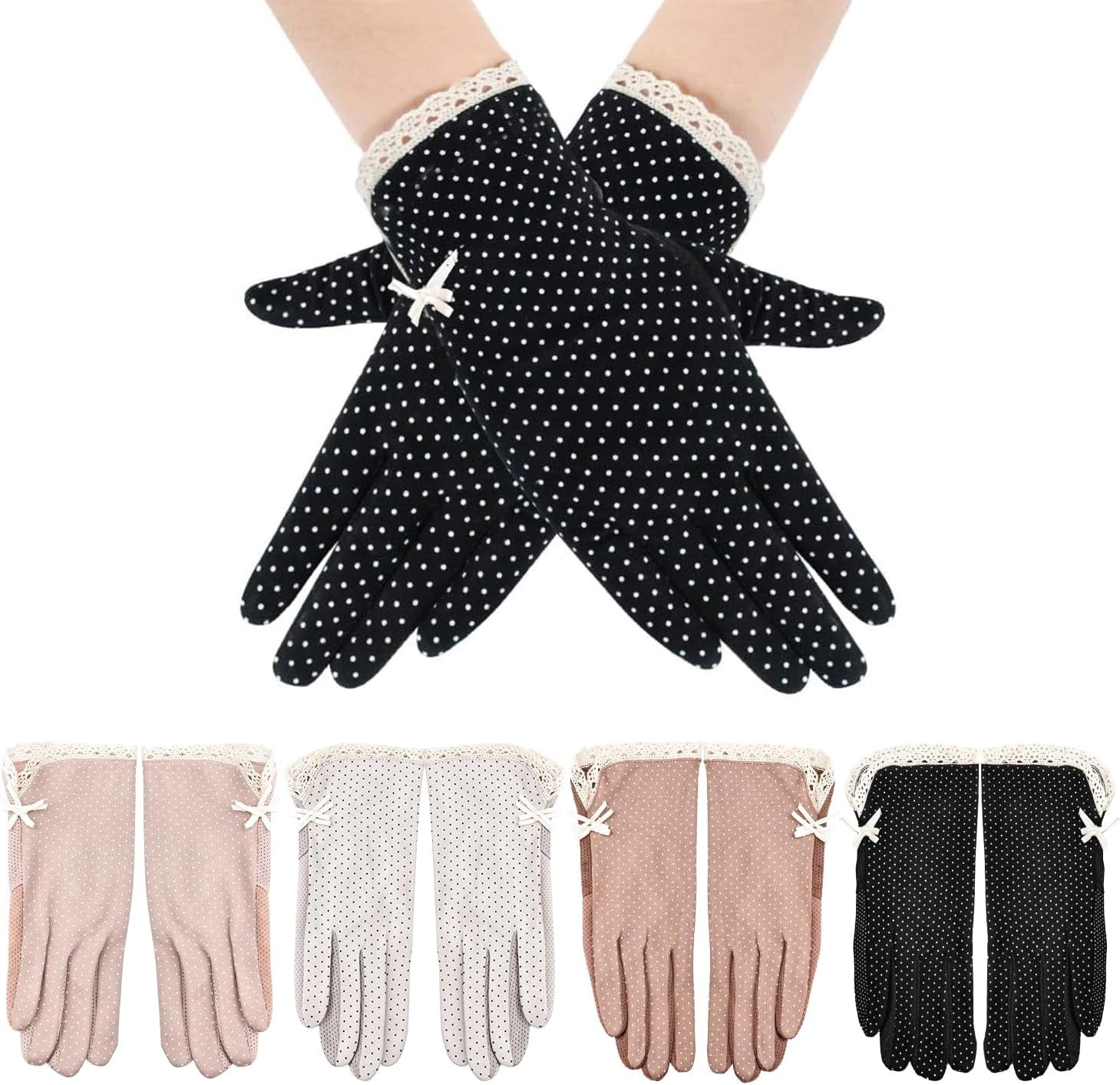 Zhengup Women's Lace Gloves for Outdoor Activities 4 Pairs- Sun Protection,UV Resistant Breathable Cotton,Ideal for Summer, Driving, Golf, and Biking