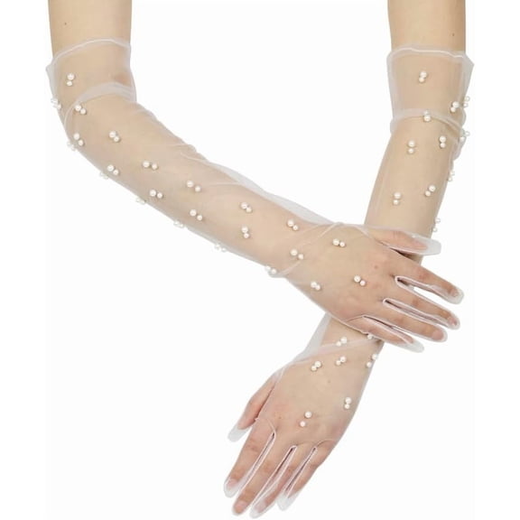 Zhengup Women's Long Tulle Gloves Pearl Bridal Sheer Mesh Gloves Wedding Opera Prom Party Hallowmas Decoration Accessories