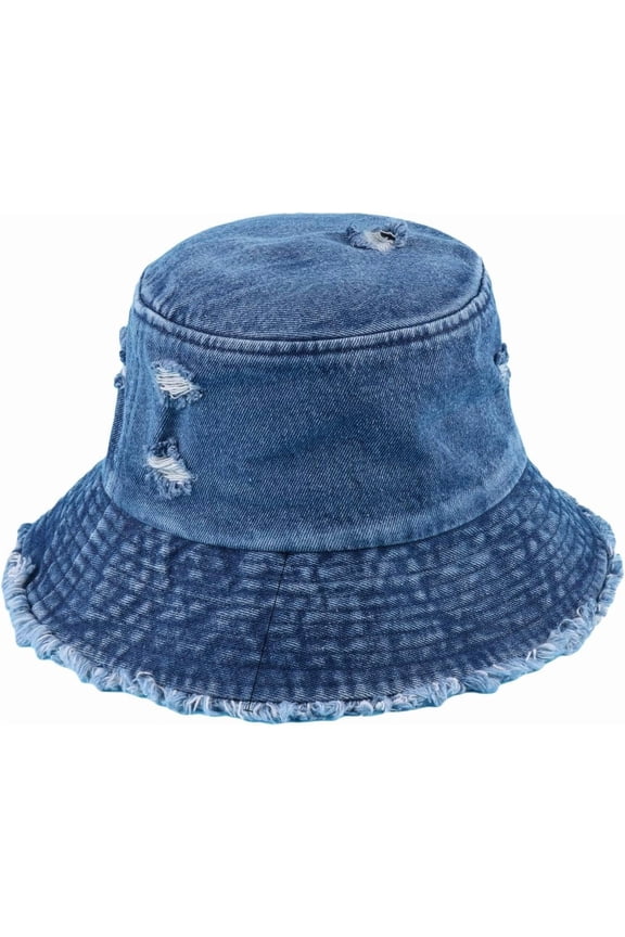 Women's Ripped Denim Bucket Hat Raw Hem Sun Hat Outdoor Cap