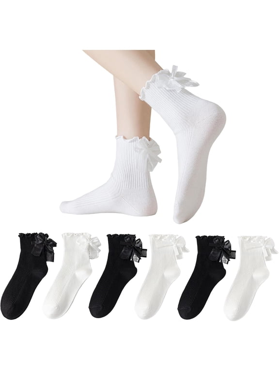 Women's Ruffle Socks,Casual Bow Tie Cute Ankle Socks Warm Knit Cotton Frilly White Socks for Women 6 Pack