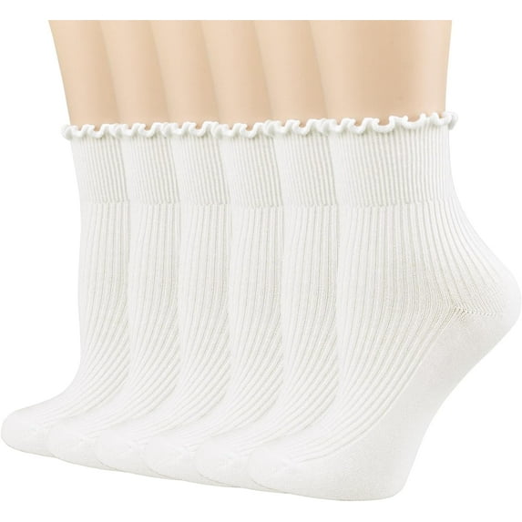 Zhengup Women's Ruffle Socks,Casual Cute Ankle Socks Breathable Knit Cotton Soft Frilly Crew Socks for Women 6 Pack
